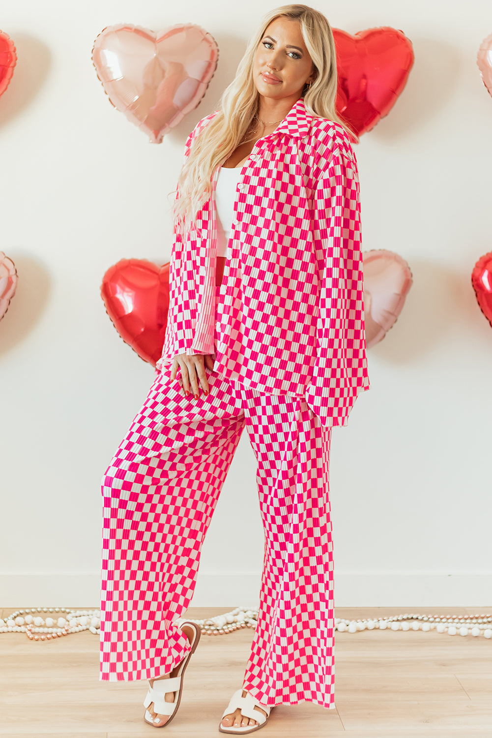 Checkered and Button-Front Shirt High-Waisted Pants Pajama Set in Pink