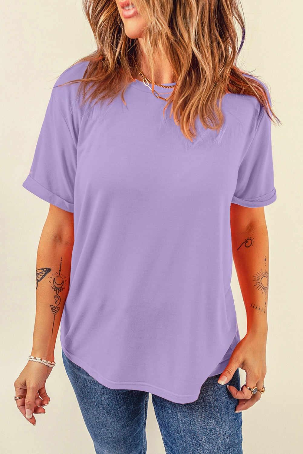 Purple Casual Plain Crew Neck Tee