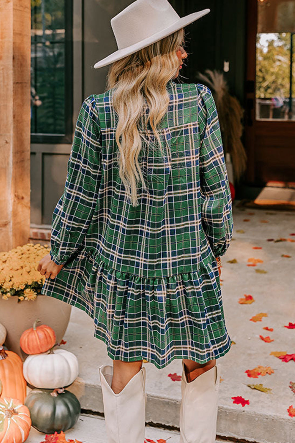 Print Frilly Plaid Frilly Collar Long-Sleeved Shift Mini Dress
