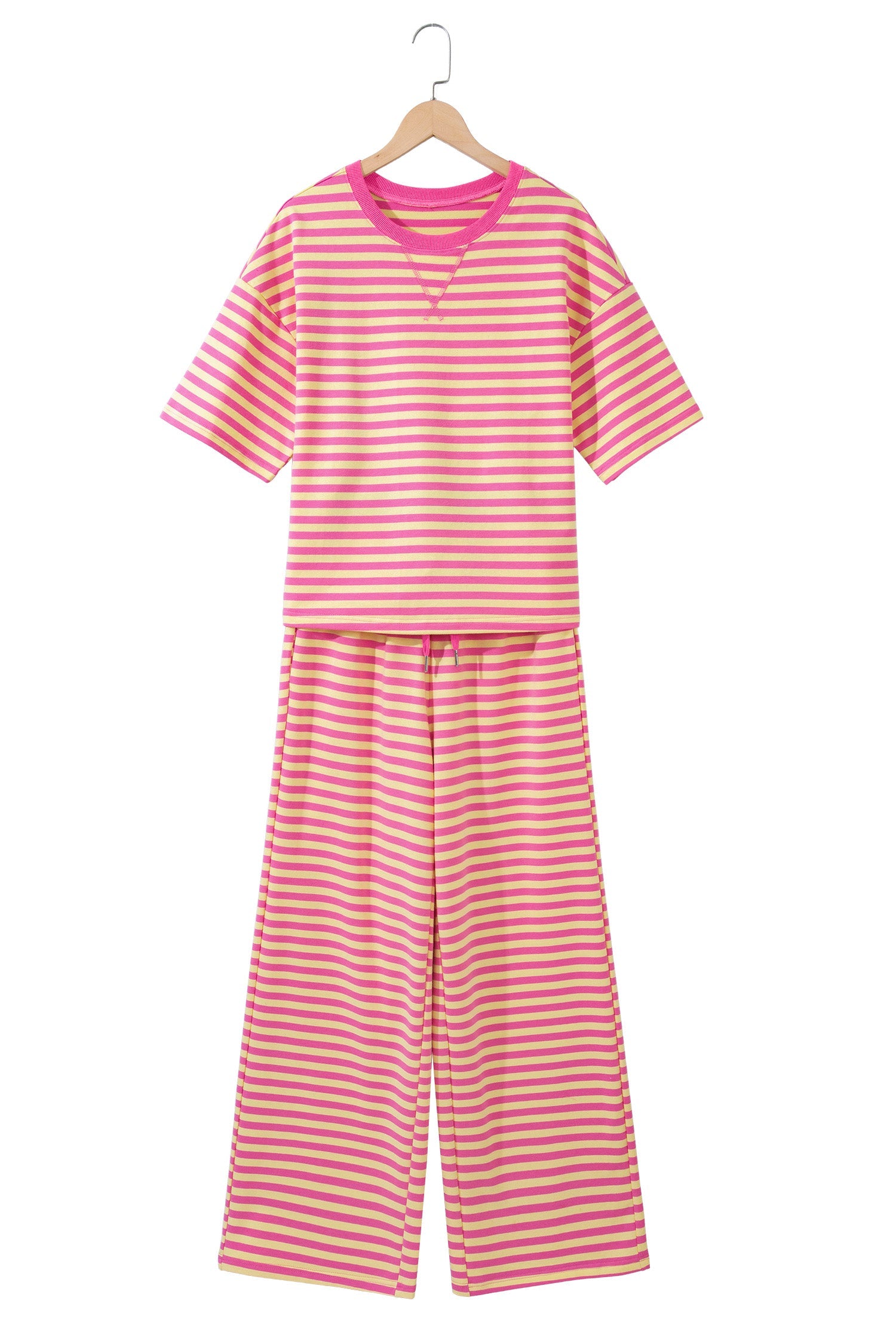 Stripe Colorblock Trim Crew-Neck Loose Tee Drawcord Elastic Waist 2pcs Pant Set in Pink