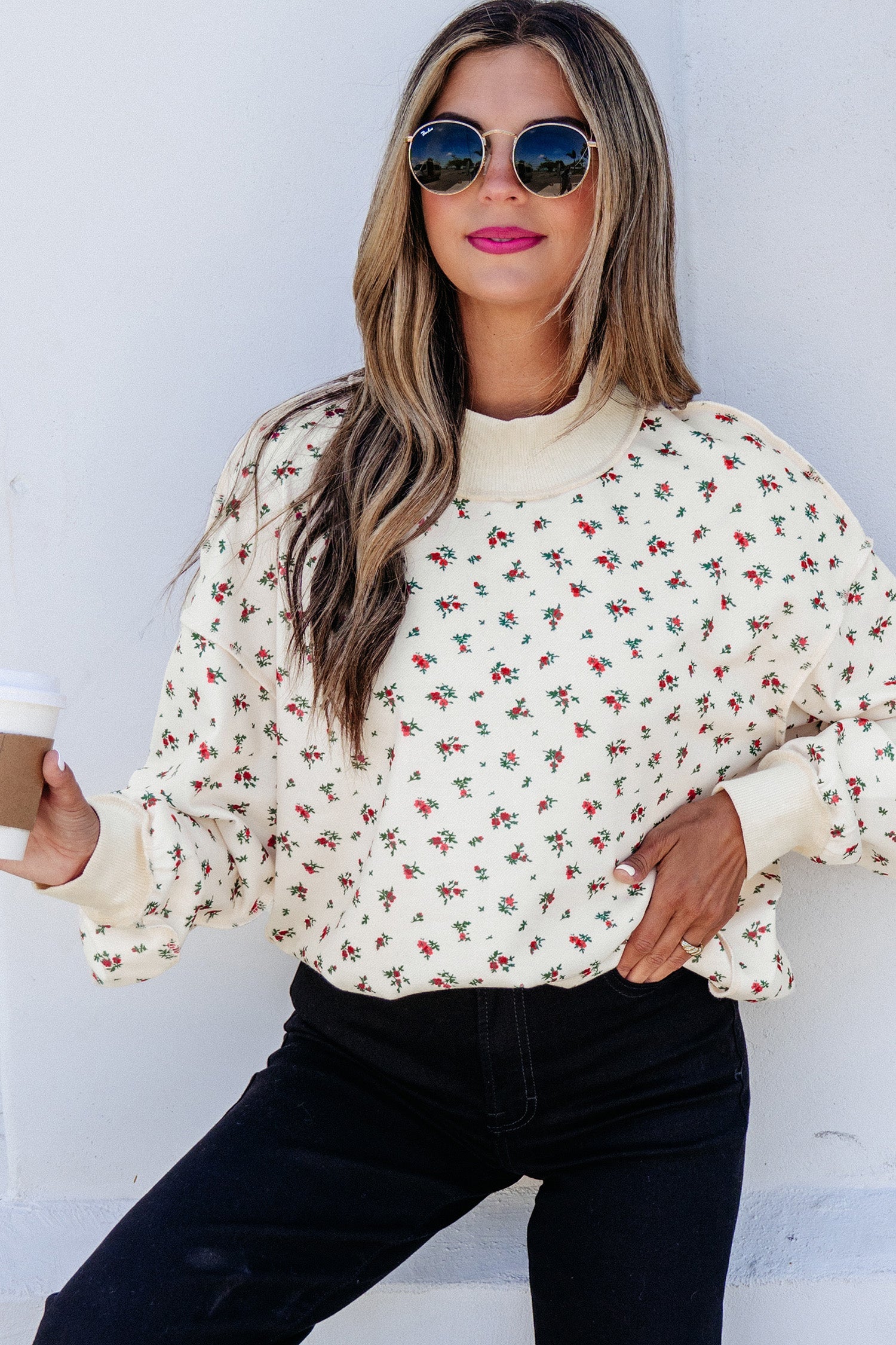 Rib-Knit Floral-Print High Neck Baggy Pullover Sweatshirt in Beige