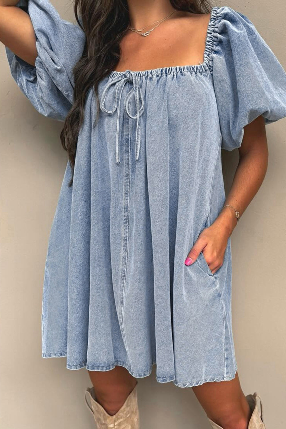 Bubble Neck Sleeve Square Denim Babydoll Dress