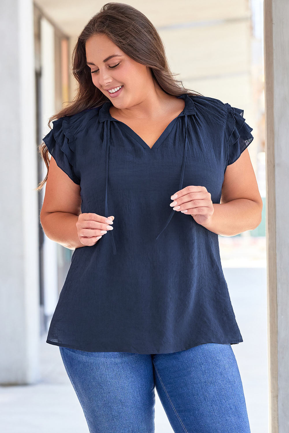 Blouse for Women Ruffle-Trimmed Sleeve Drawcord Plus Size