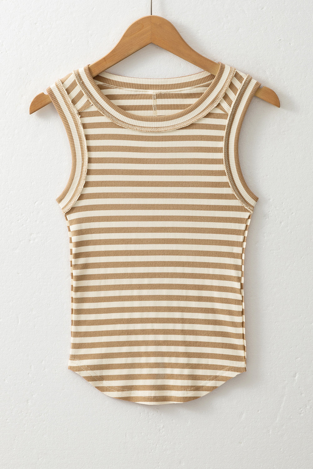 Khaki Stripe Round Neck Sleeveless Top