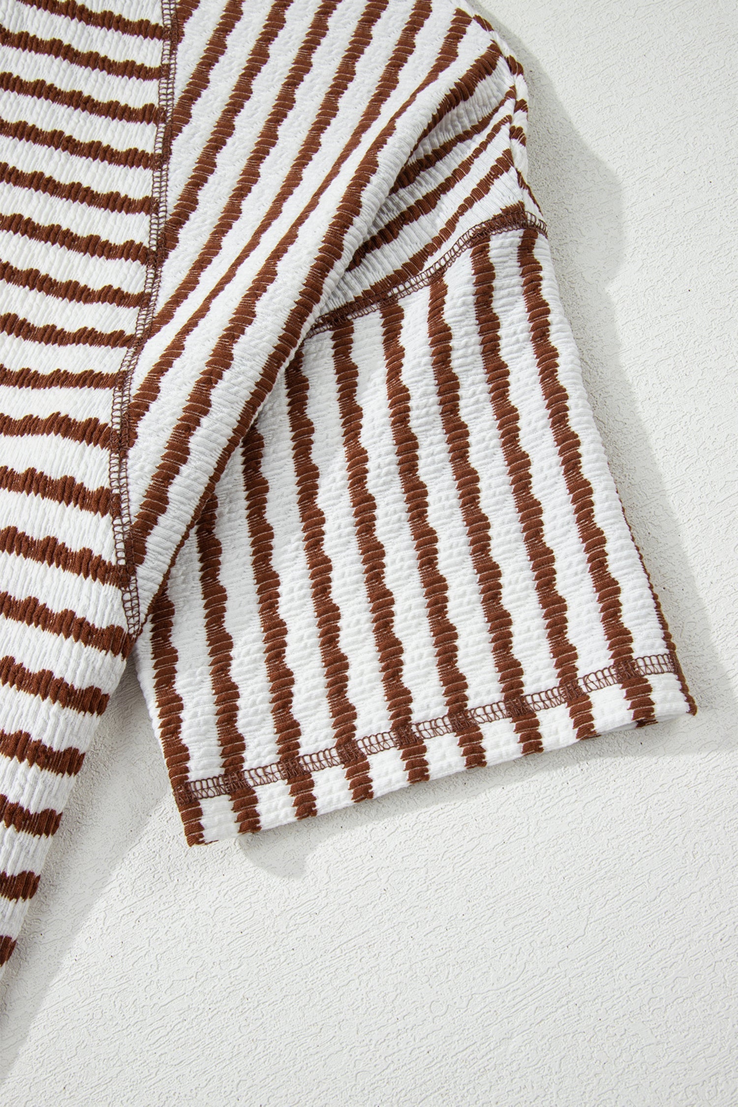 Stripe Textured Knit Split Hem Half Sleeve Loose Top in Brown