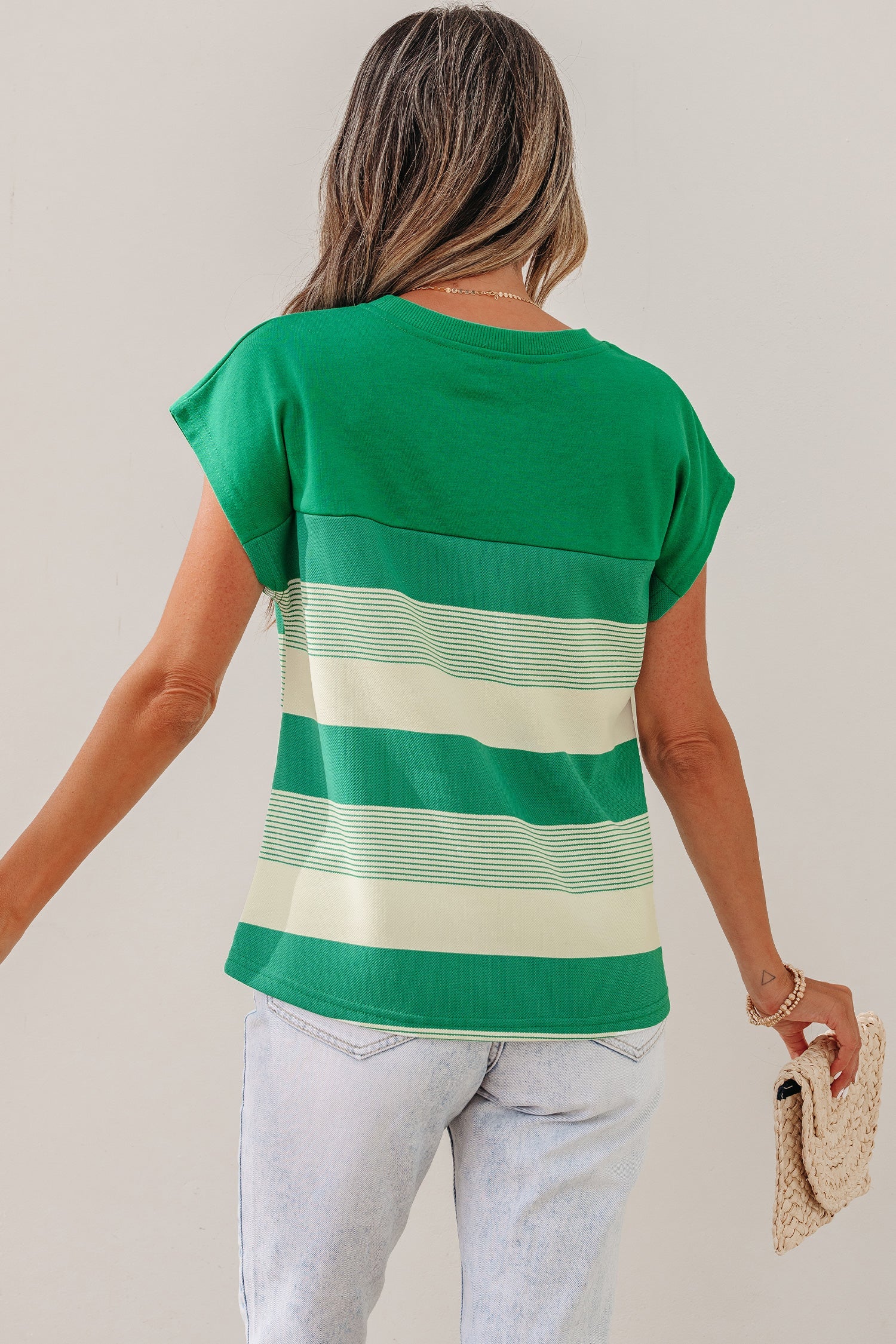 Timeless Mixed Green Stripe Print Crew-Neck Cap Sleeve T Shirt