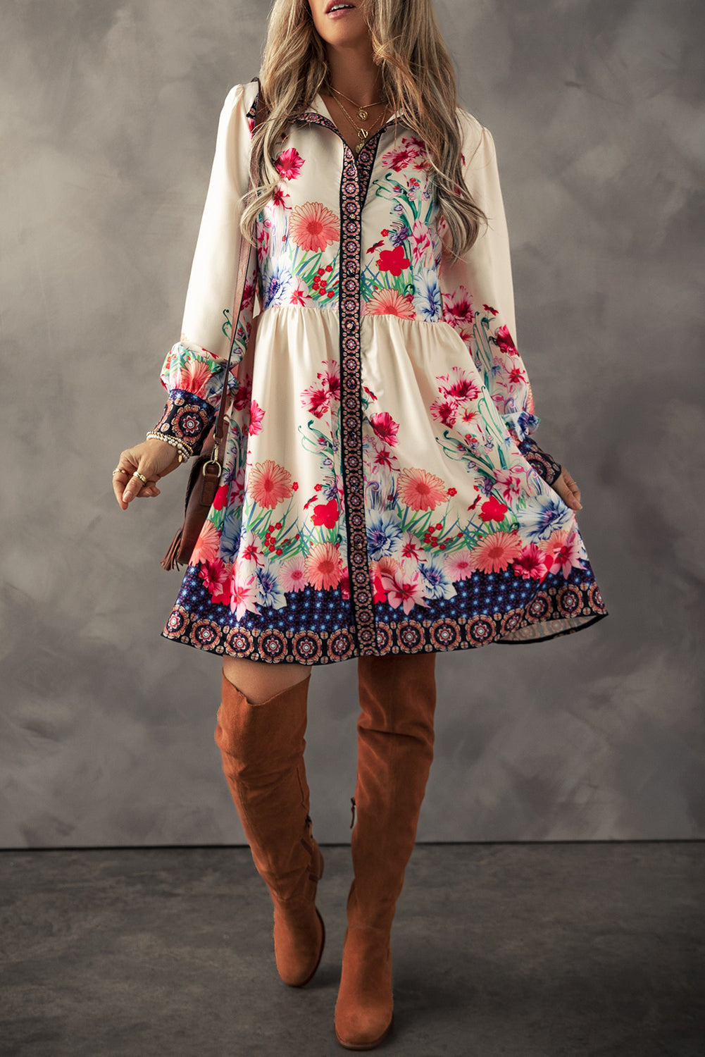 Women's Mini Dress Featuring Floral-Print High-Rise Shirt