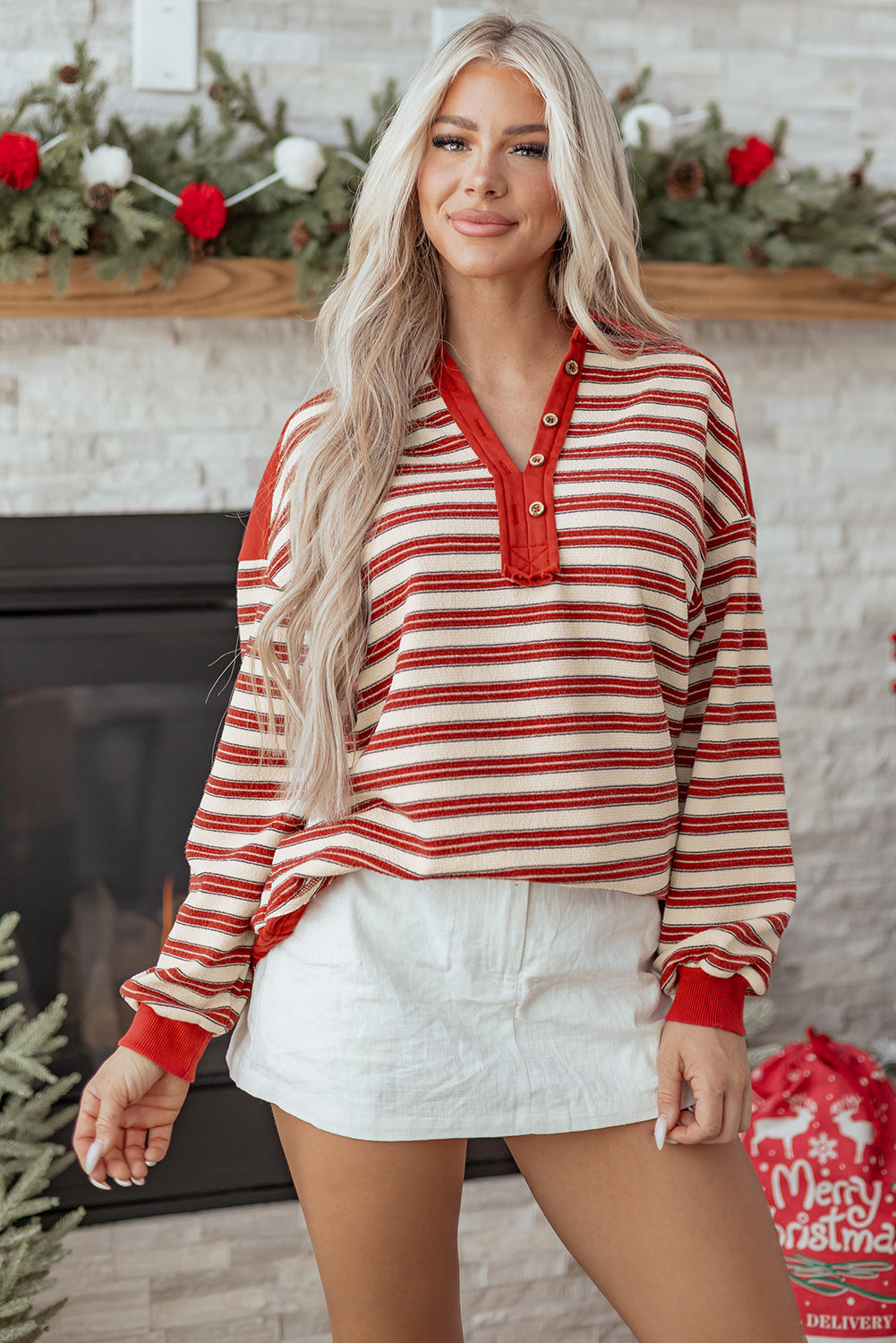 Button-Front V-Neck Collared Drop-Shoulder Top Style