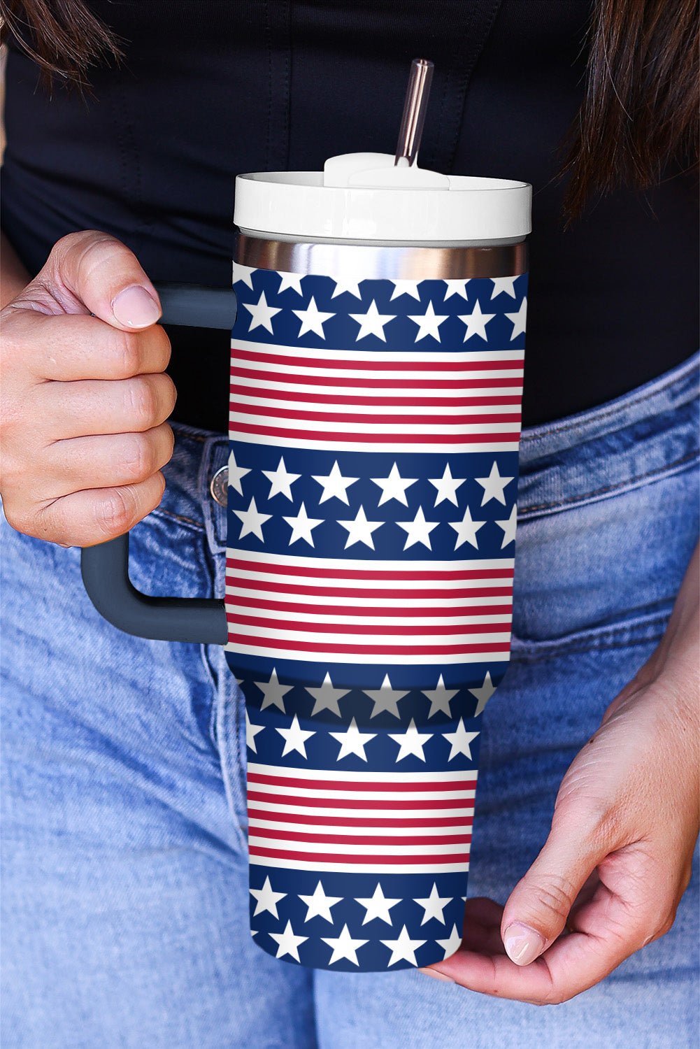 Stars Print and Stripes Handled Thermos Cup 40oz