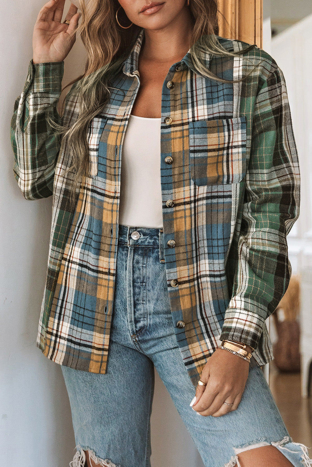 Shacket for Women Chest-Pocket Detail Button Up Plaid
