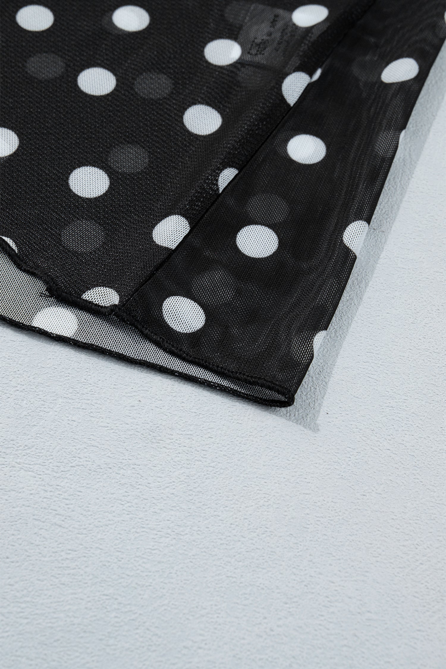 Plus Size Mock-Neck Polka-Dot Long-Sleeved Mesh Top in Black