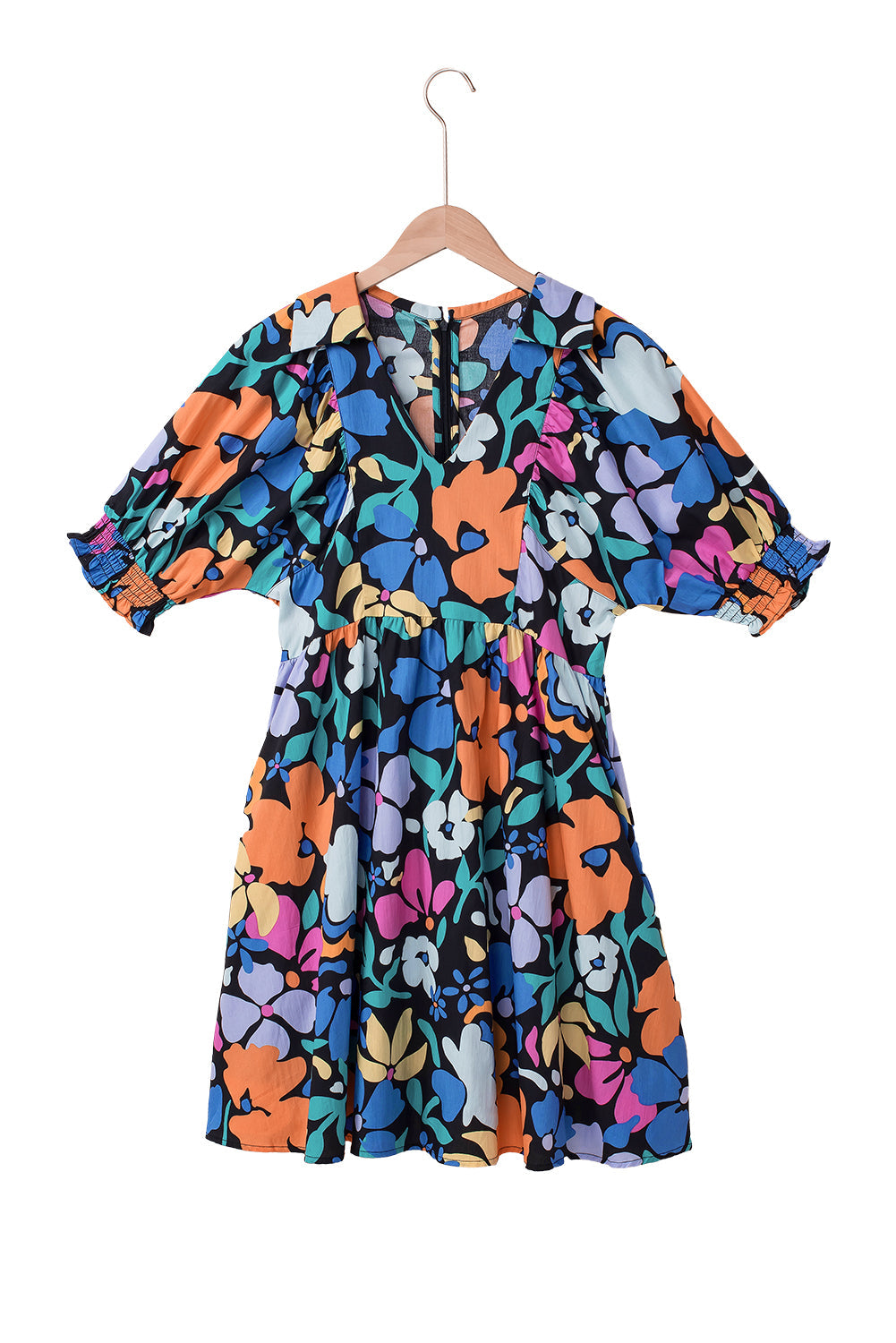 Robe évasée florale bleue à col fendu et à col fendu