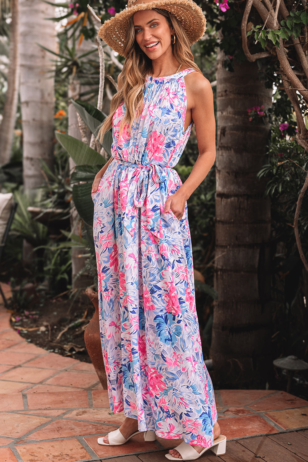 Floral Printed Sleeveless Knot Waist Maxi Dress