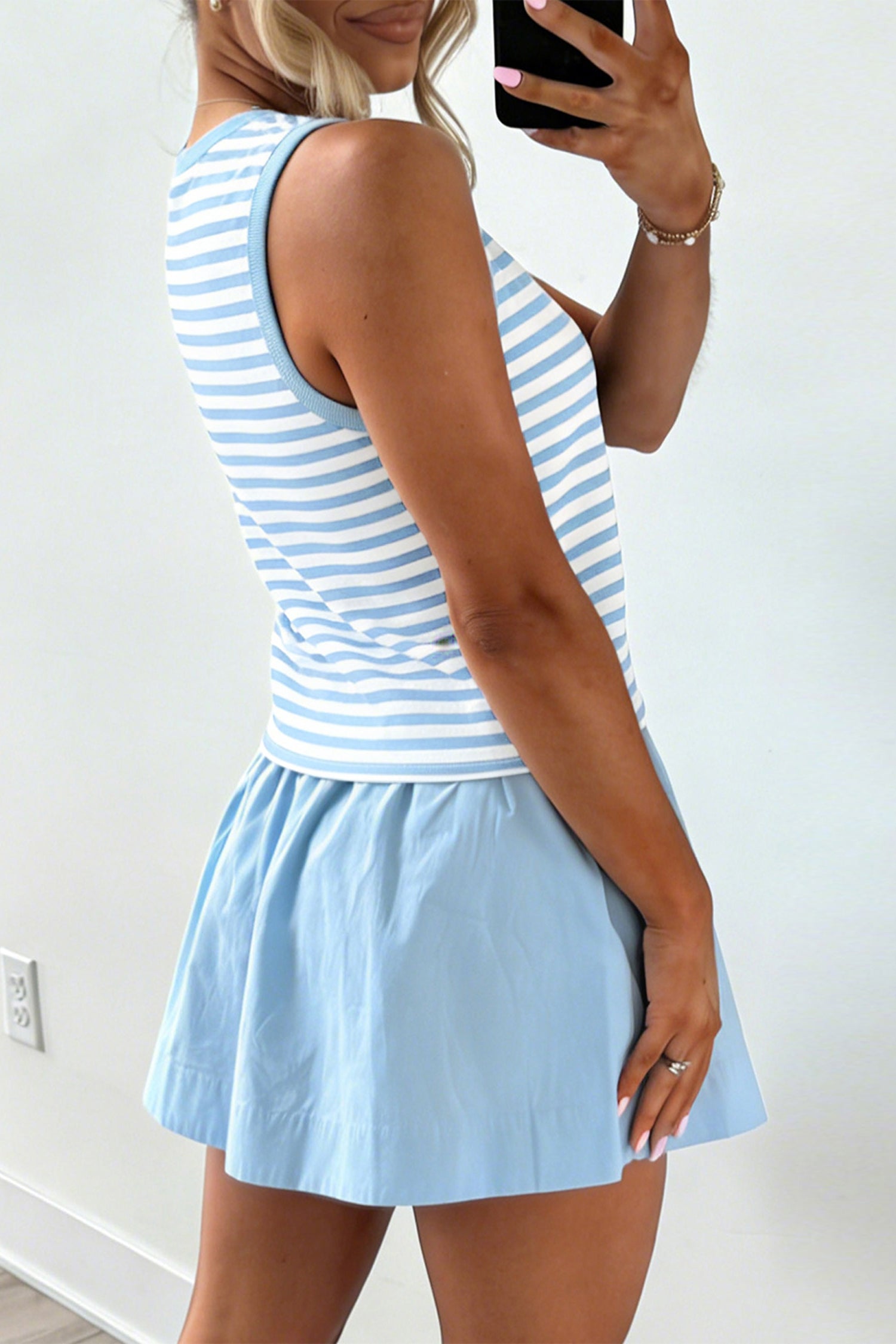 Cute Sky Blue Stripe Slim Tank Contrast Ruffle Mini Skort Set