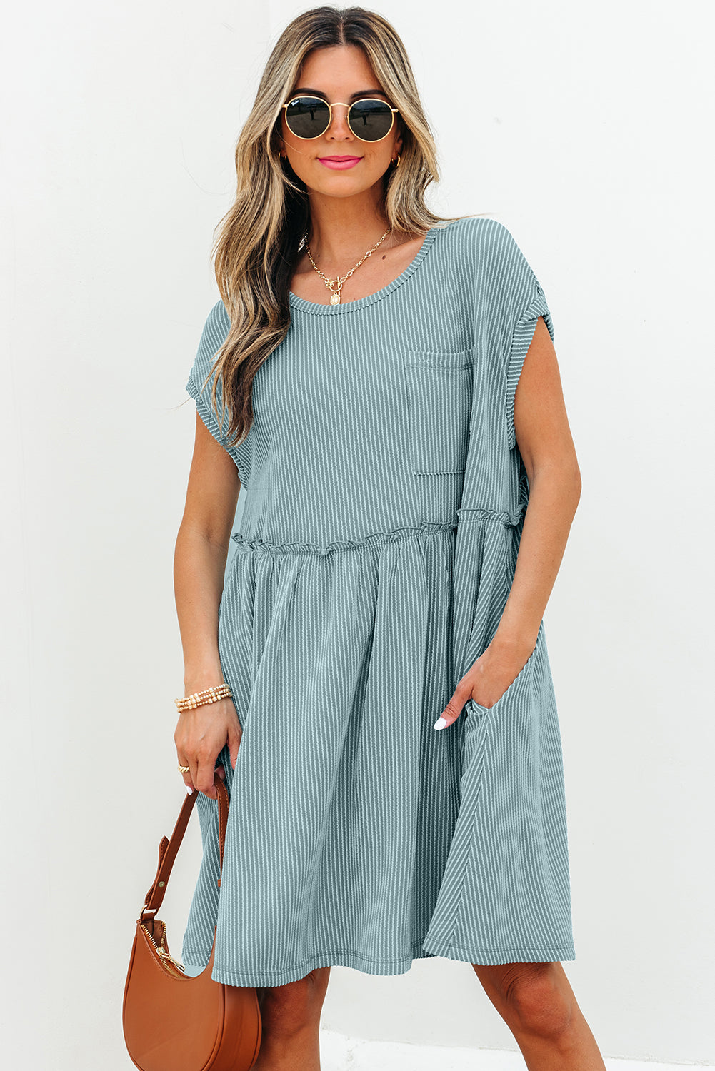 Knit Textured Corded Textured Patched Pocket Frilled Swing Mini Dress Featuring Pockets