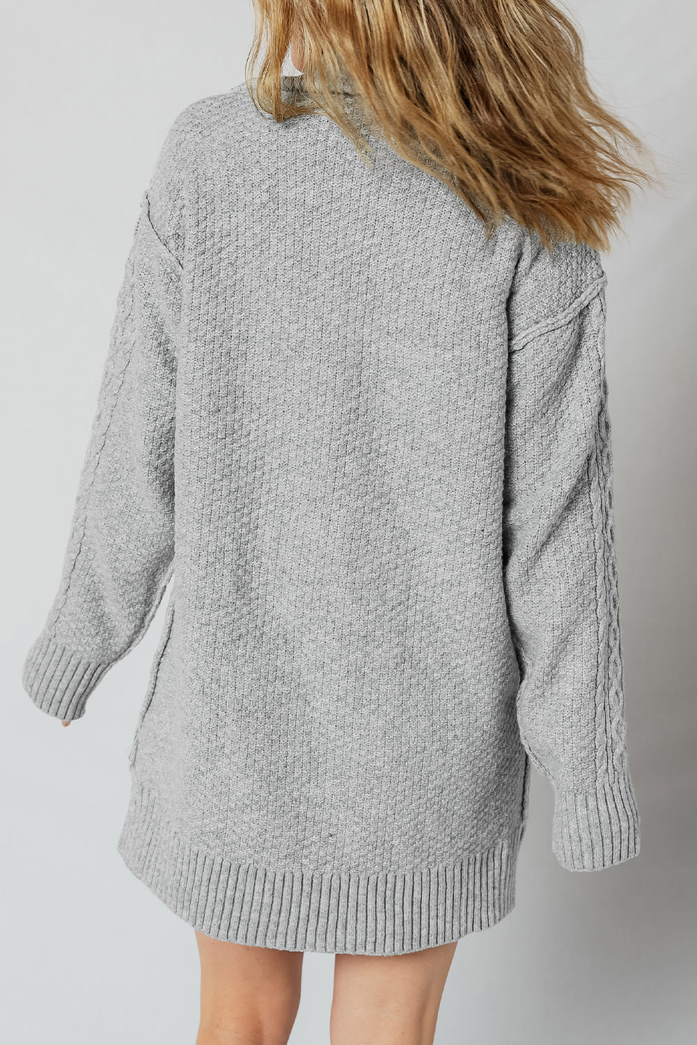 Knit High Cable Quarter Zip Rib-Knit Trim Loose Knit Top Dress