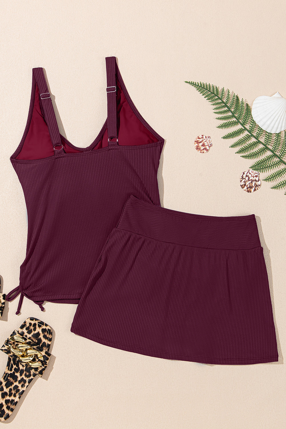 Crossed Rib-Knit Knit Detail Tank Skort 2pcs Swimsuit in Burgundy