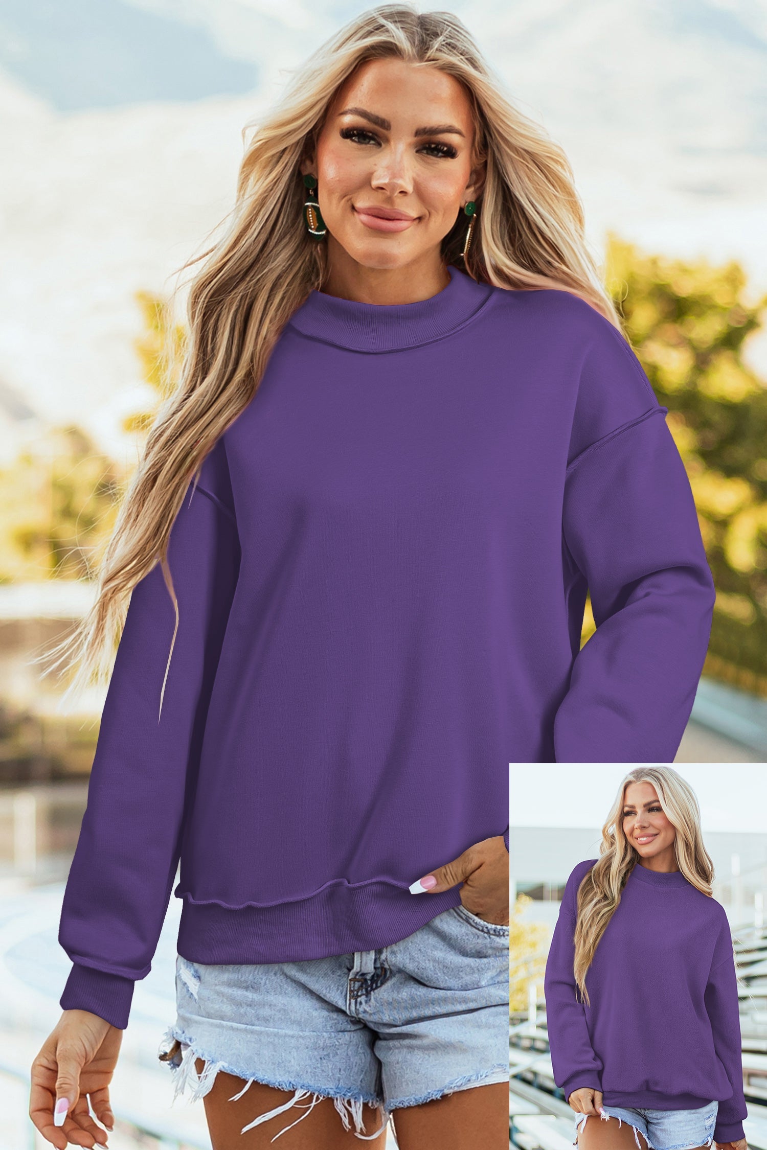 Oversize Drop-Shoulder Reversible Mock-Neck Sweatshirt