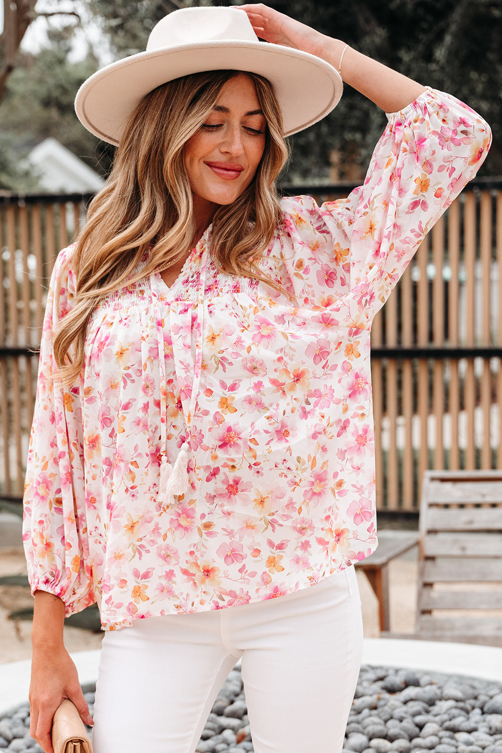 Floral-Print Smocked Tassel Tie V-Neck Puff Sleeve Tunic Blouse