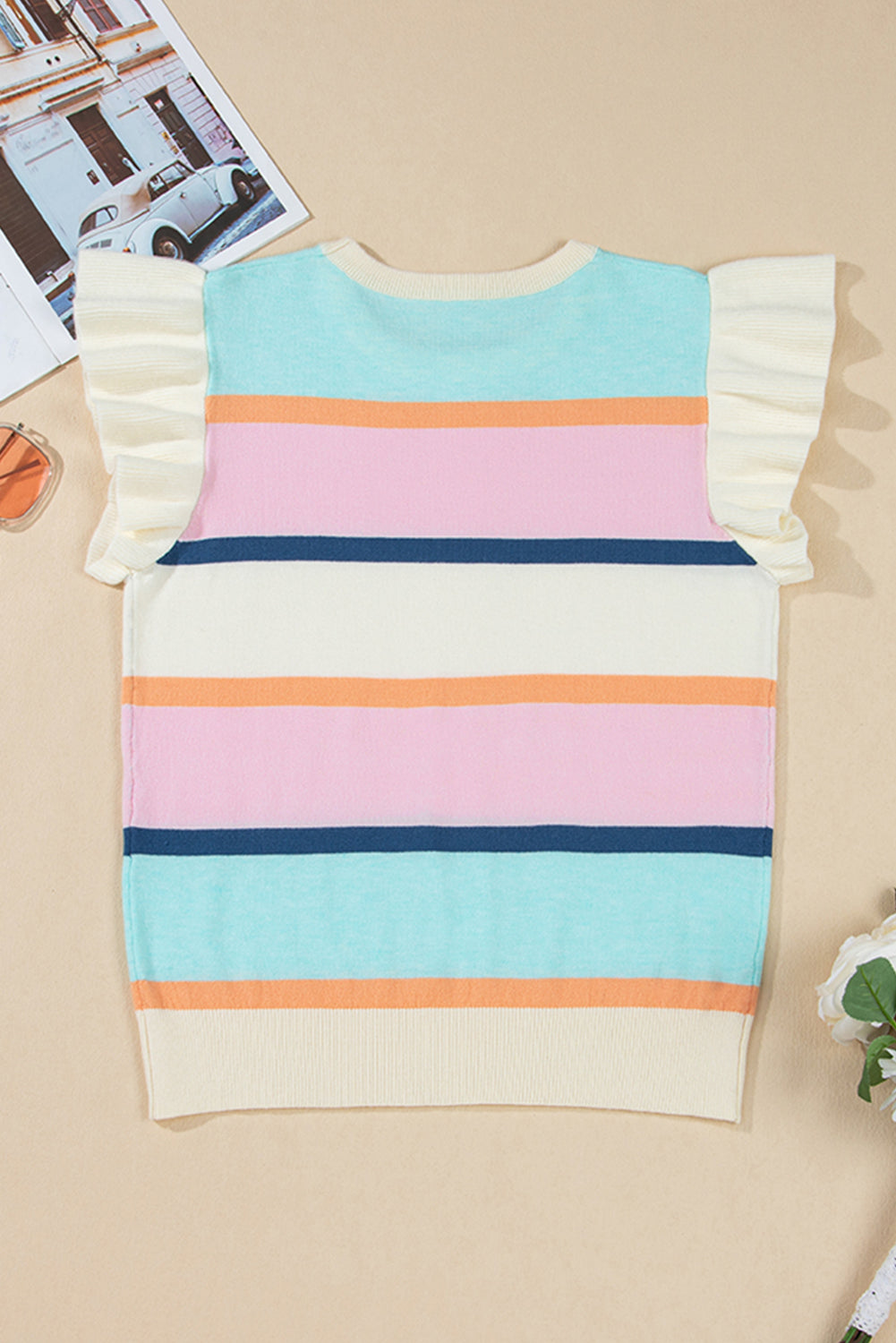 Flutter Striped Colorblock Sleeve Patchwork Knit Top Top