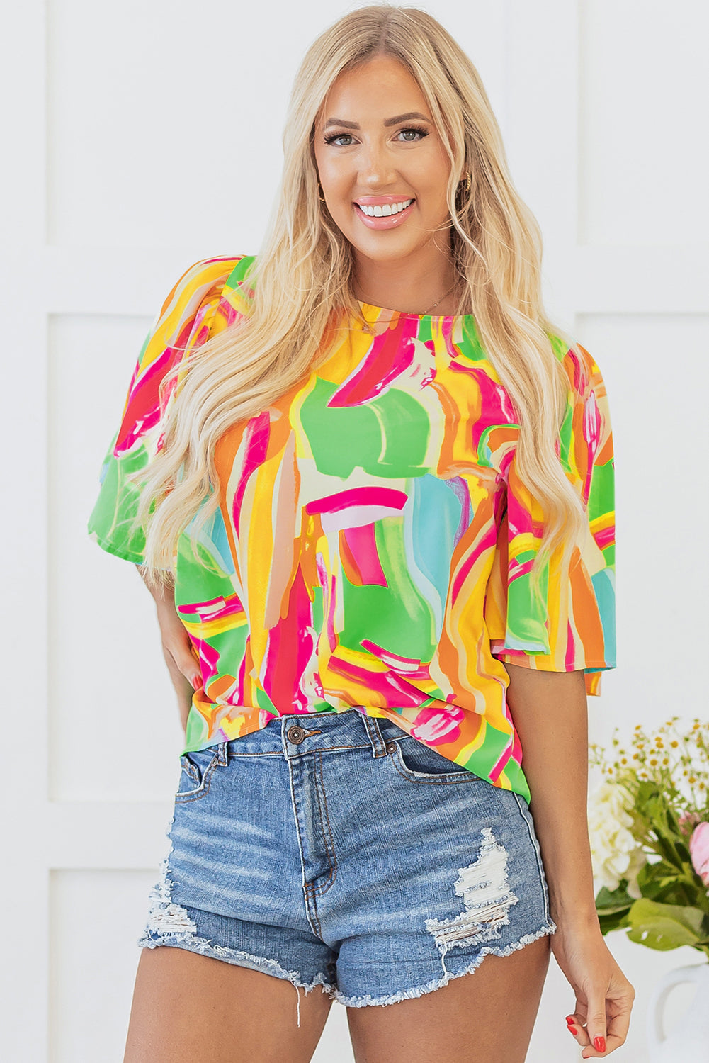 Abstract Print Keyhole Back Pleated Blouse