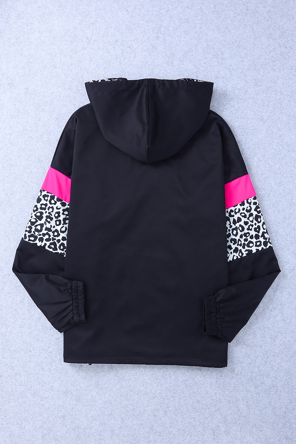 Women's Jacket with Color-Block Pockets Black Zip-Front Hooded Leopard-Print