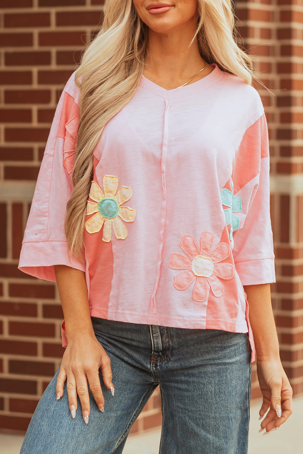 Exposed Flower Patched Seam Bracelet Sleeve Roomy T Shirt