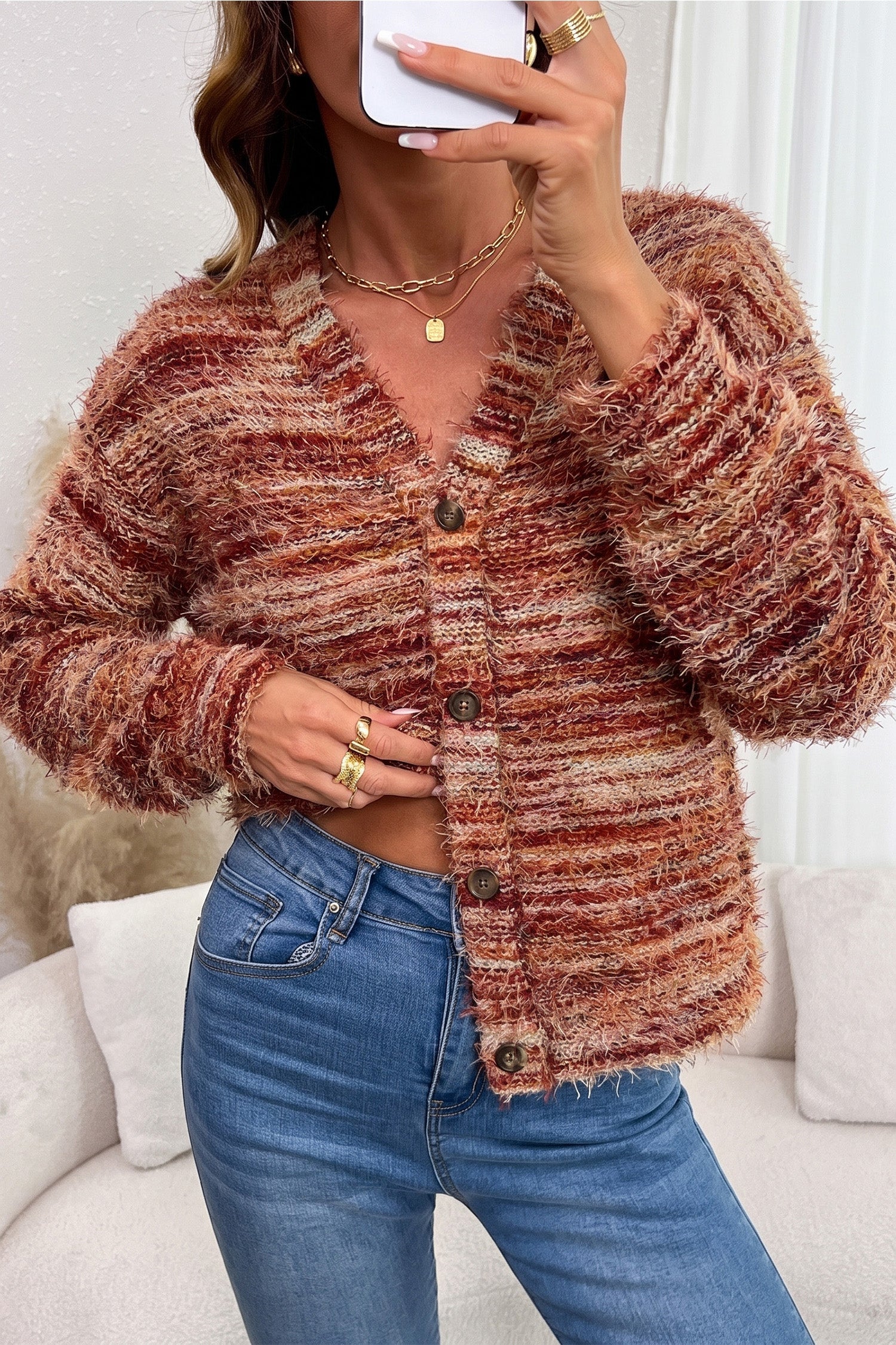 Striped Button Fuzzy Button Front Cardigan Knit Top in Tawny