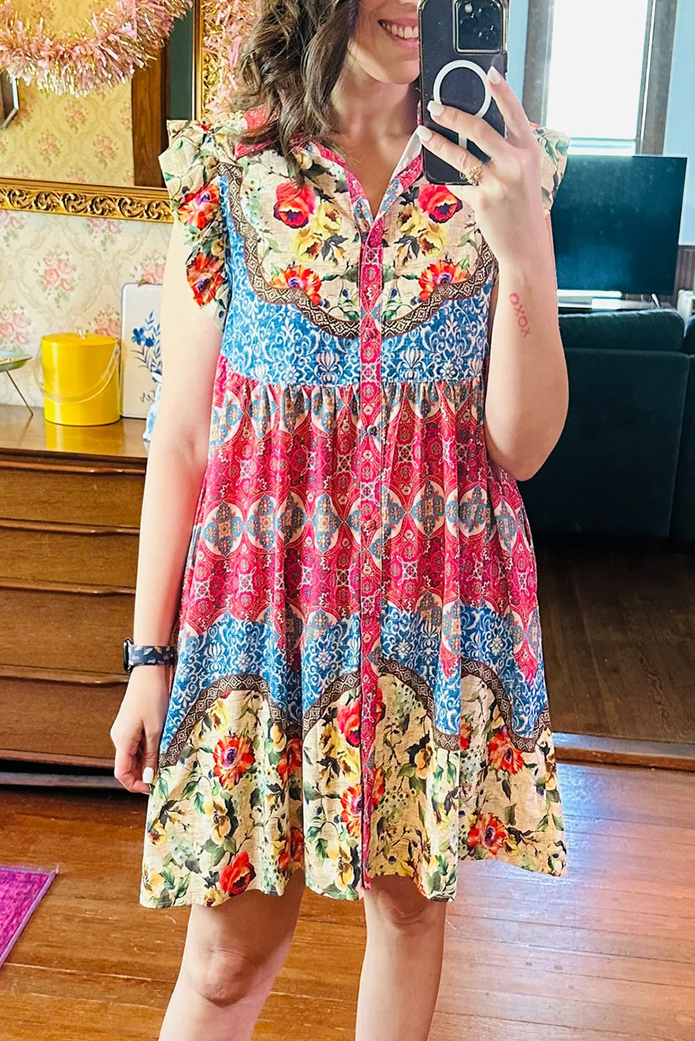 Pattern Floral Mixed Ruffle Flutter Sleeve Button-Front Dress