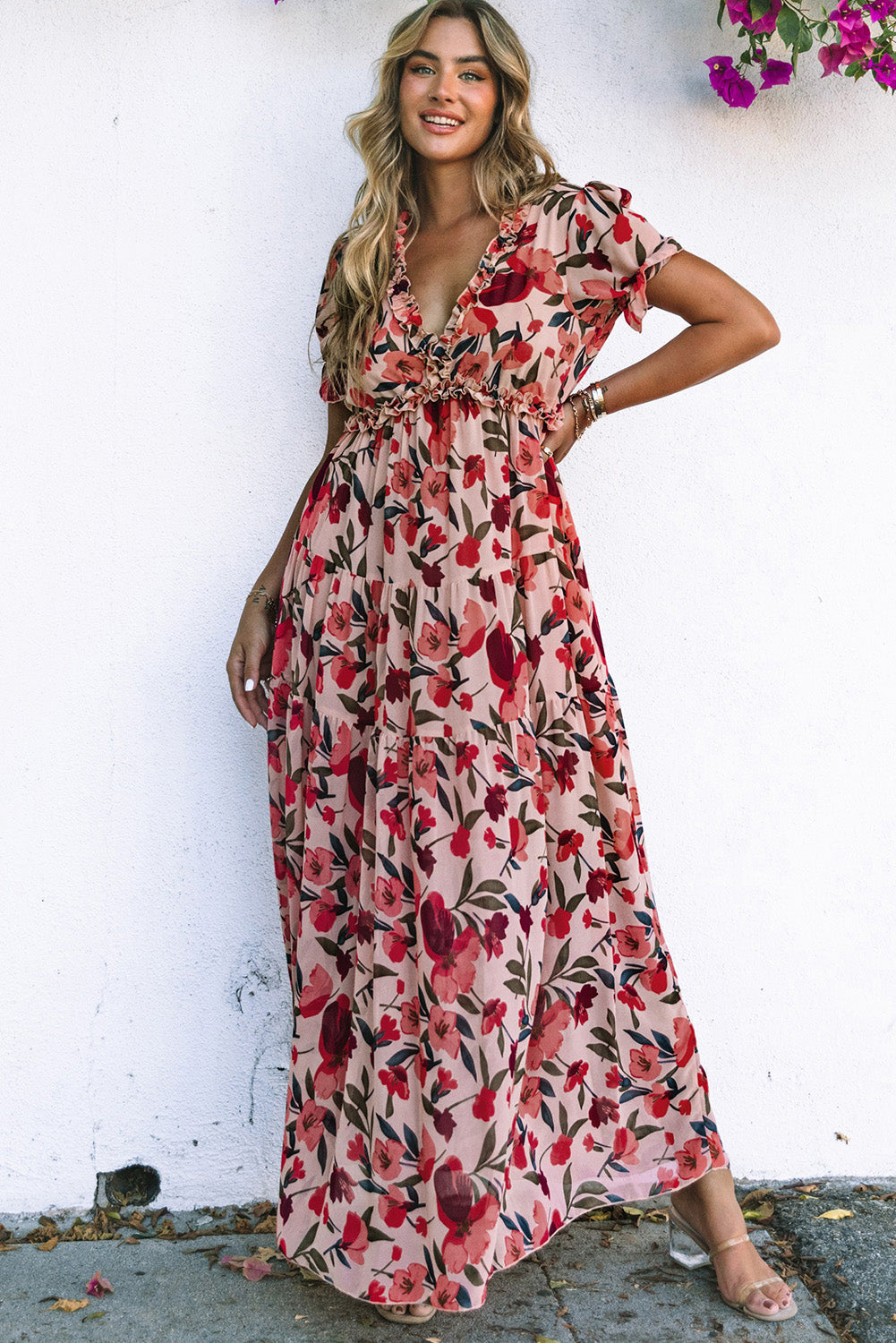 V-Neck Floral-Print Frilled Short-Sleeved Maxi Dress in Red