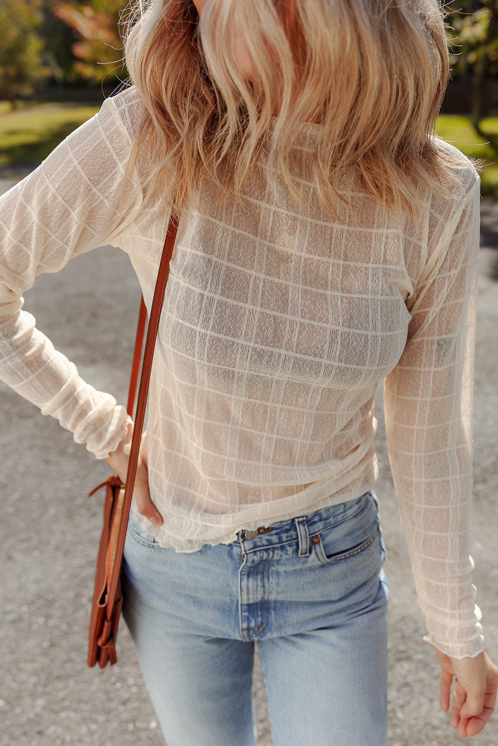 Sheer Lettuce Plaid Mesh Trim Slim Fit Long-Sleeved Top