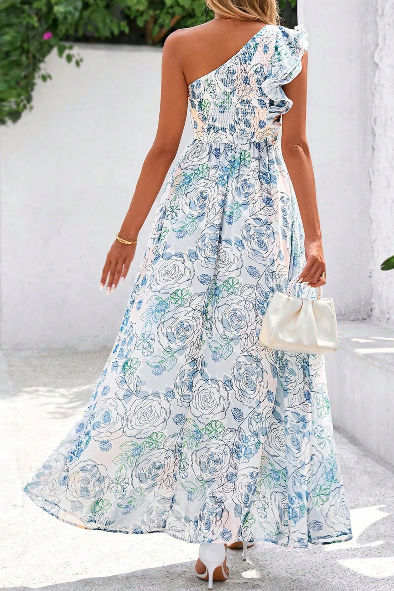 Floral-Print Ruffled One Shoulder Vacation Maxi Dress in Sky Blue