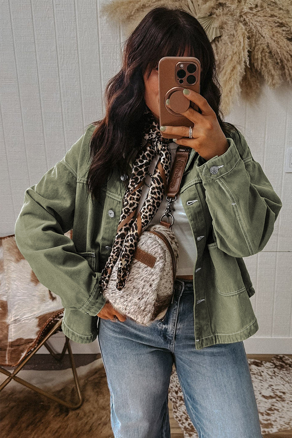 Collared Patched Pocket Button Front Boyfriend Denim Jacket