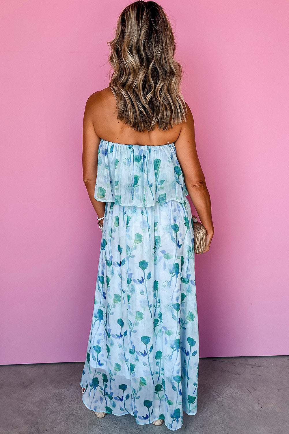 Floral Print Ruffled Side Slit Tube Top Maxi Dress