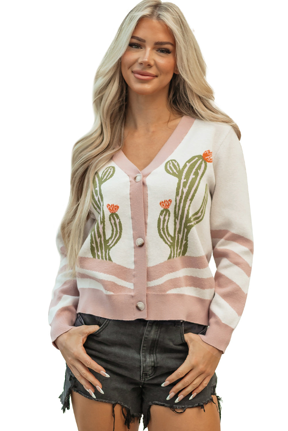 Button-Front Desert Cactus Cardigan Knit Top
