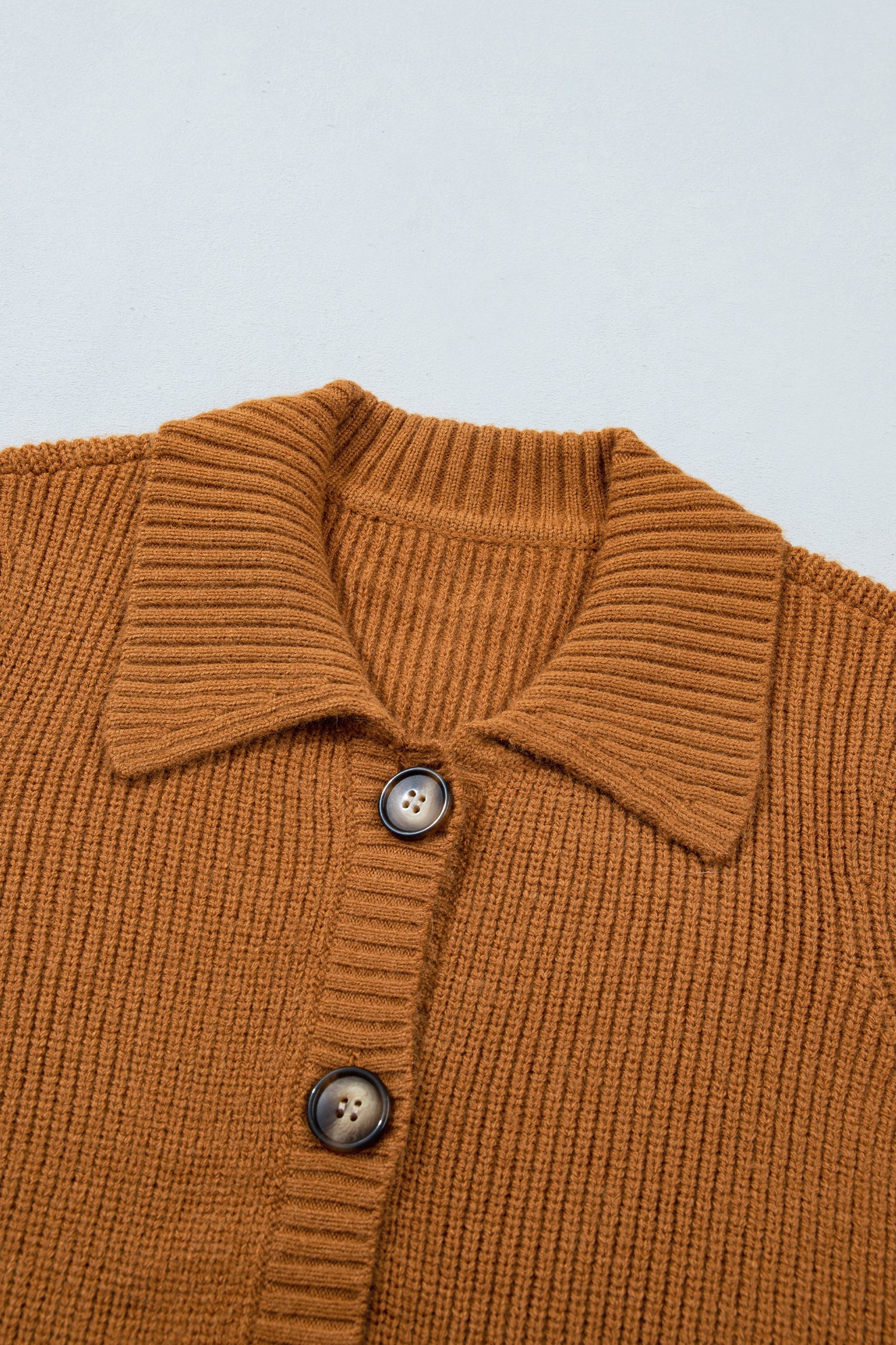 Mustard Collar Rib-Knit Knit Button Front Long-Sleeved Cardigan