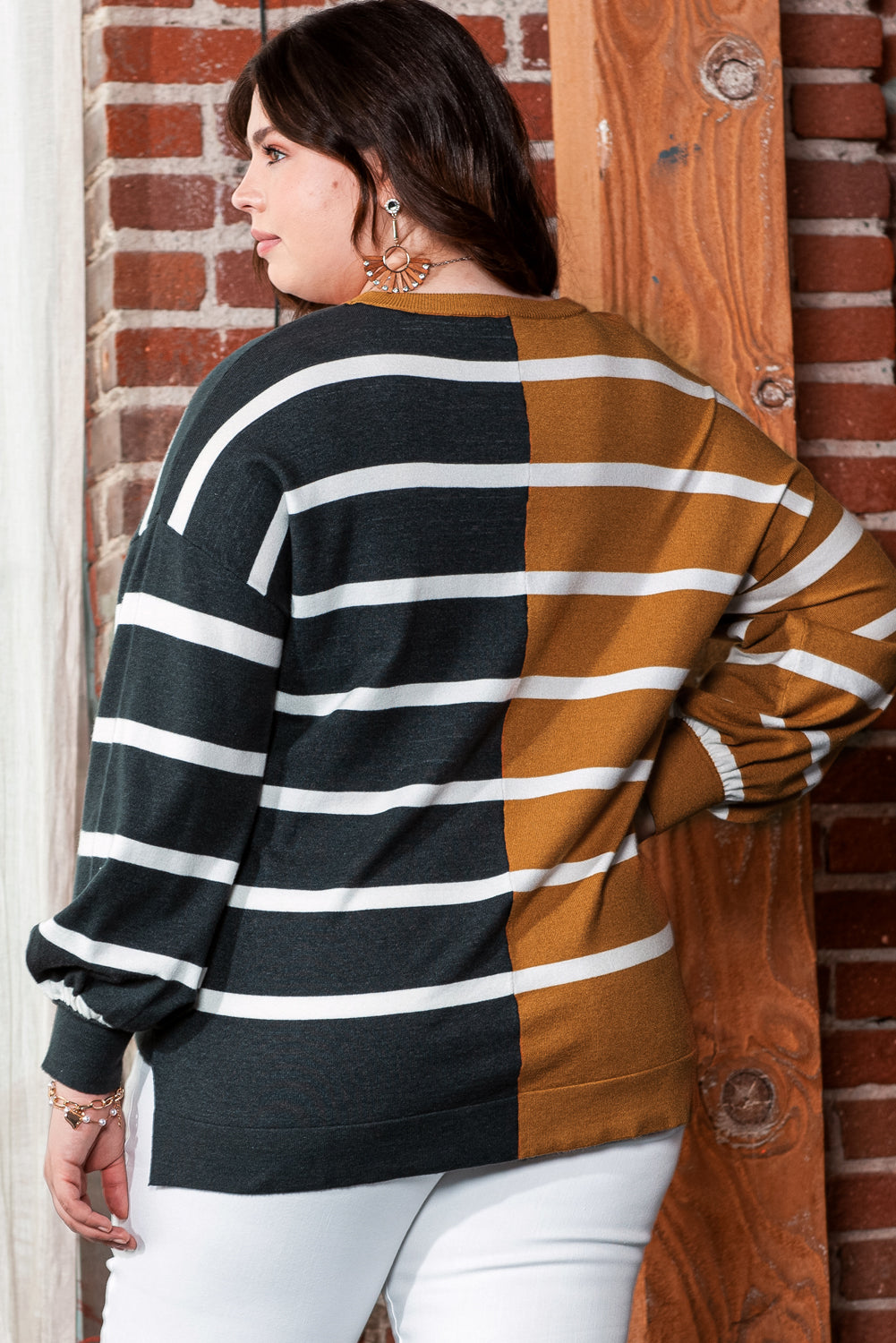 Haut Ample Patchwork Rayé Colorblock de Grande Taille