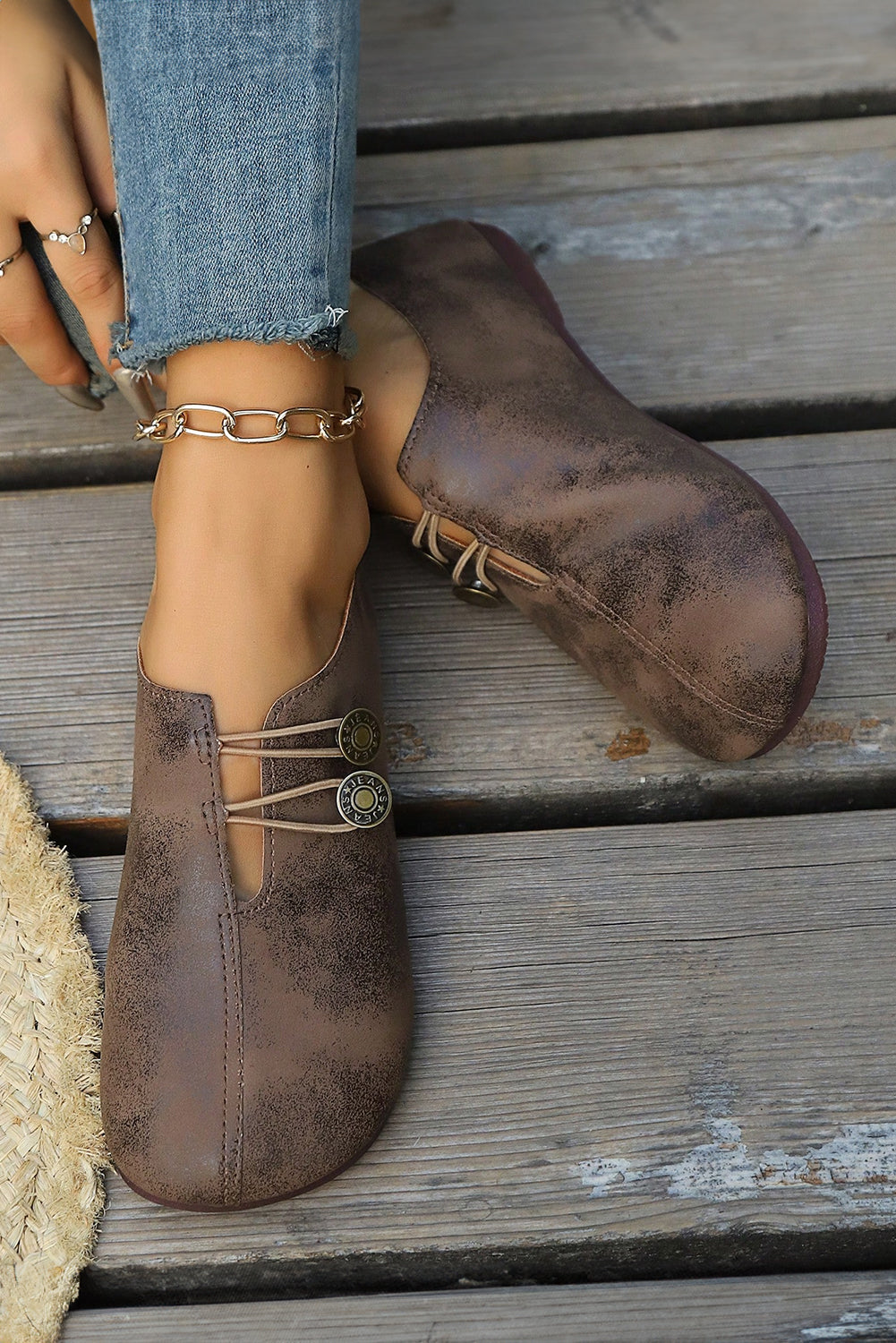 JEANS Boho Button Detail Retro Faux Leather Loafer Shoes