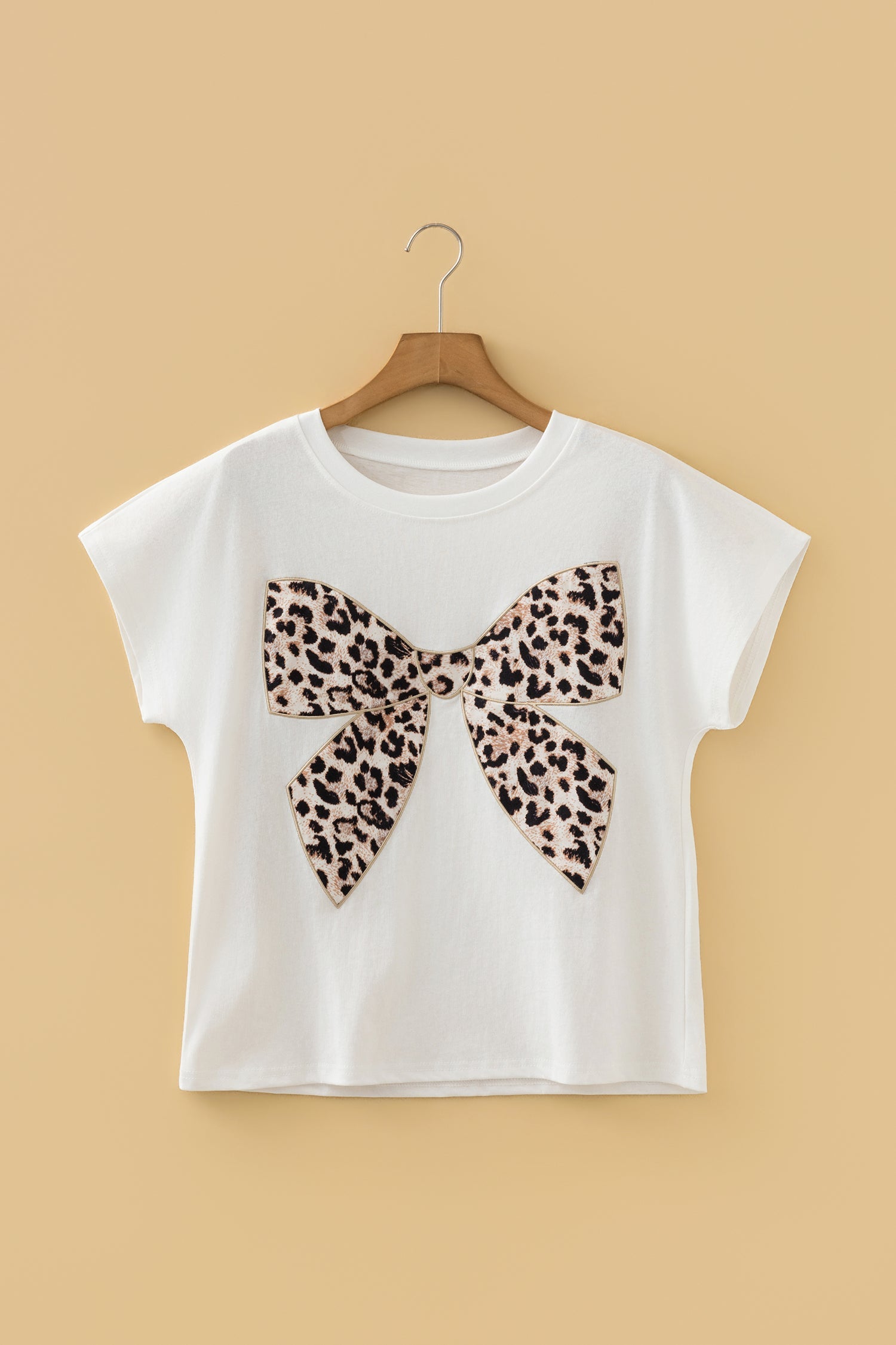 Embroidered Leopard Bow Cotton Round-Neck T Shirt