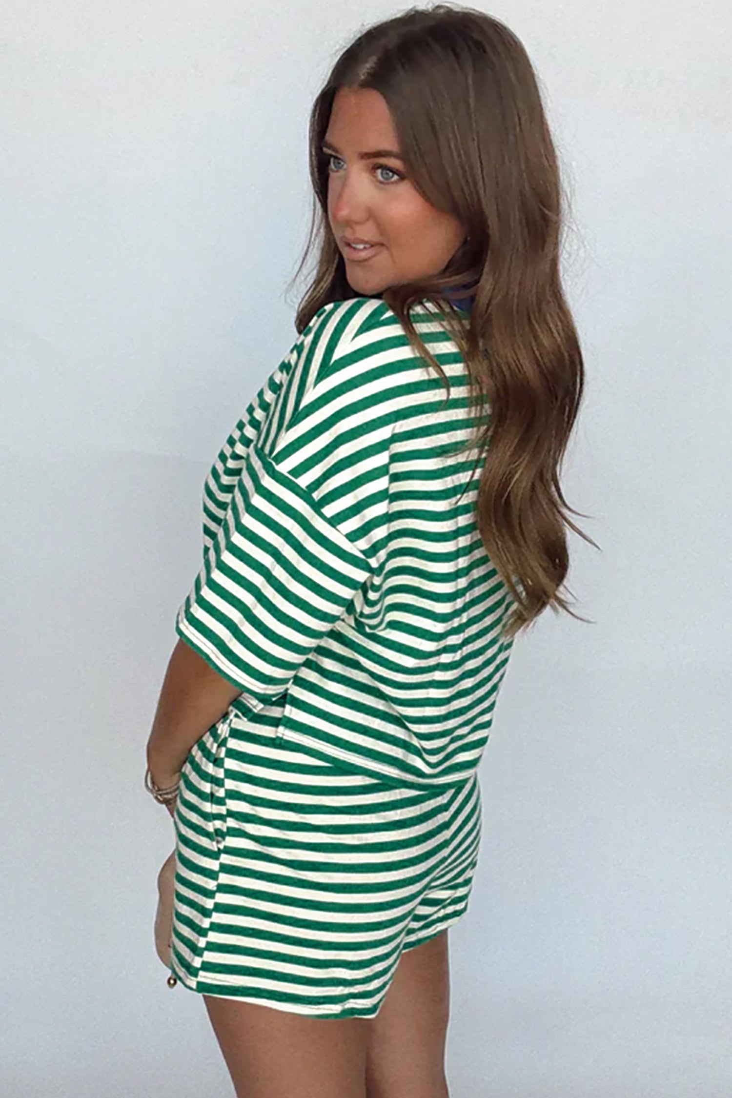 Stripe Drop-Shoulder Boxy Everyday Terry Short Set in Green
