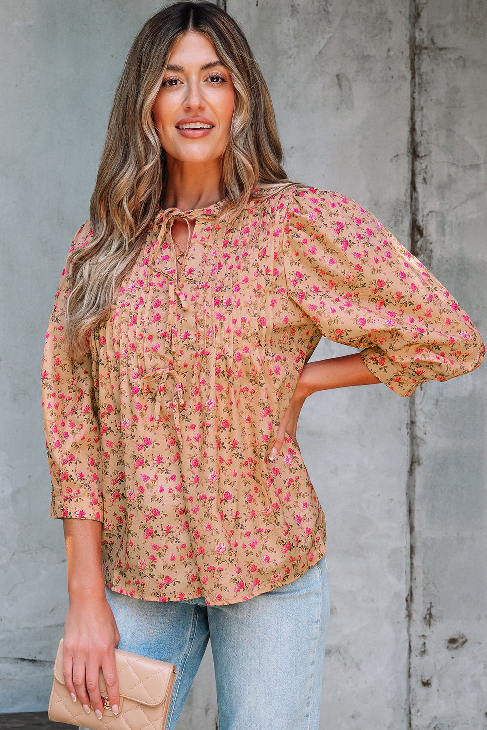 Floral-Print Bow Pintuck Bust Half Puff Sleeve Blouse Top