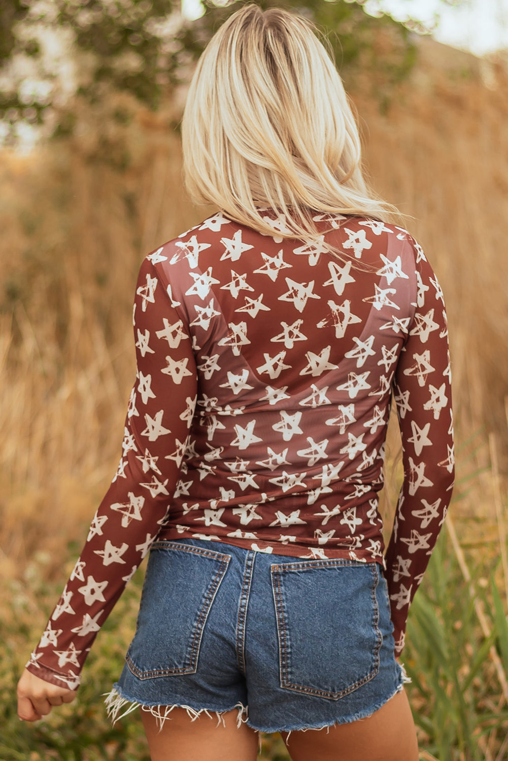 Print Mesh Star Mock-Neck Sheath Long-Sleeved Top