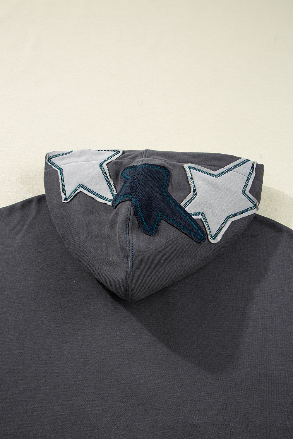 Star Stitching Patchwork Contrast Mineral Wash Kangaroo Pocket Retro Hoodie