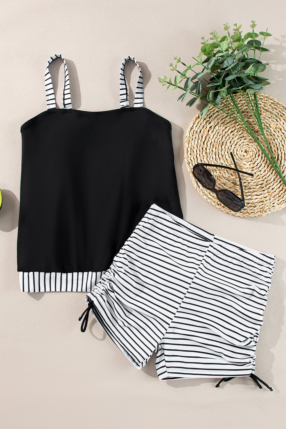 Striped Patchwork Side Drawstring Bottoms Tankini Set
