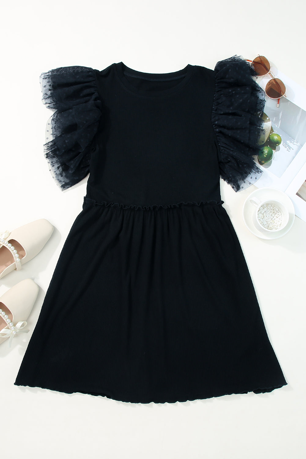 Rib-Knit Dotty Mesh Knit Babydoll Mini Dress in Black