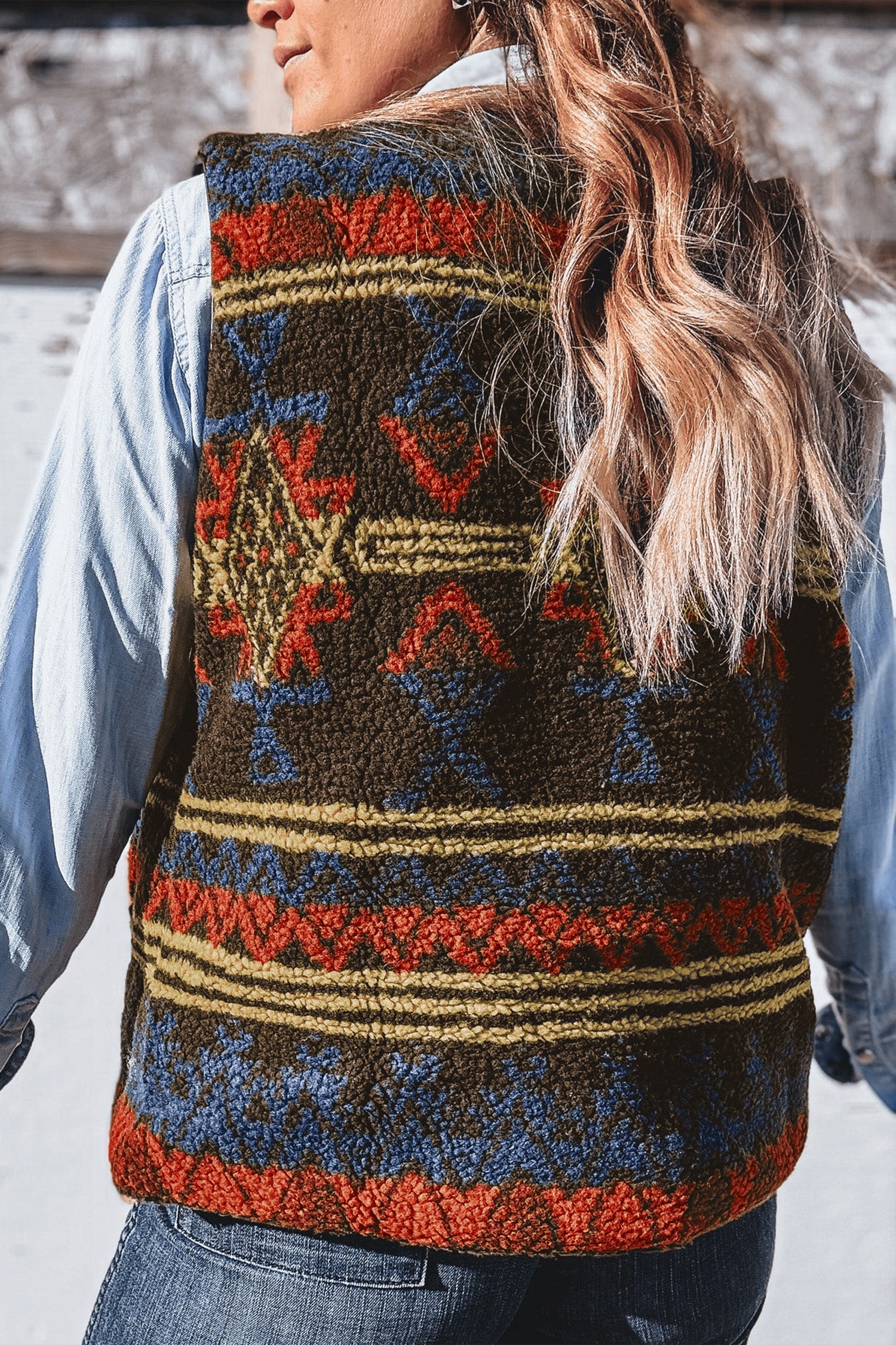 Western Fur Print Faux Metal Zip Insert Pockets Vest in Multicolour