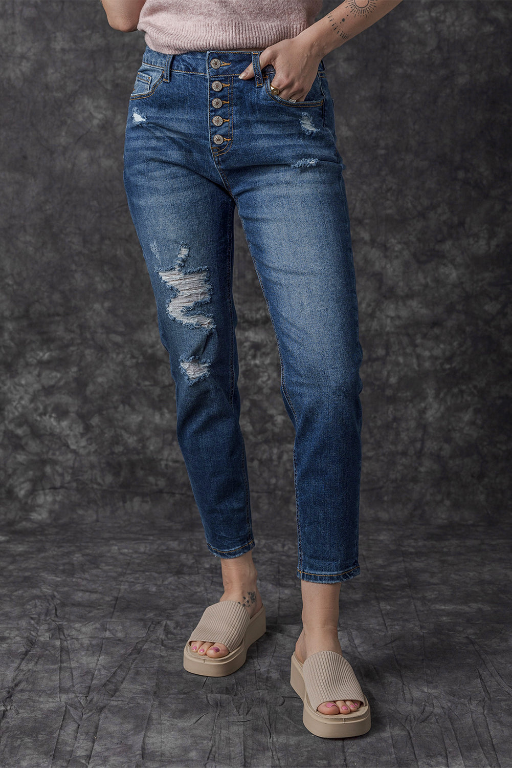 Jean skinny taille haute bleu effet vieilli avec braguette boutonnée