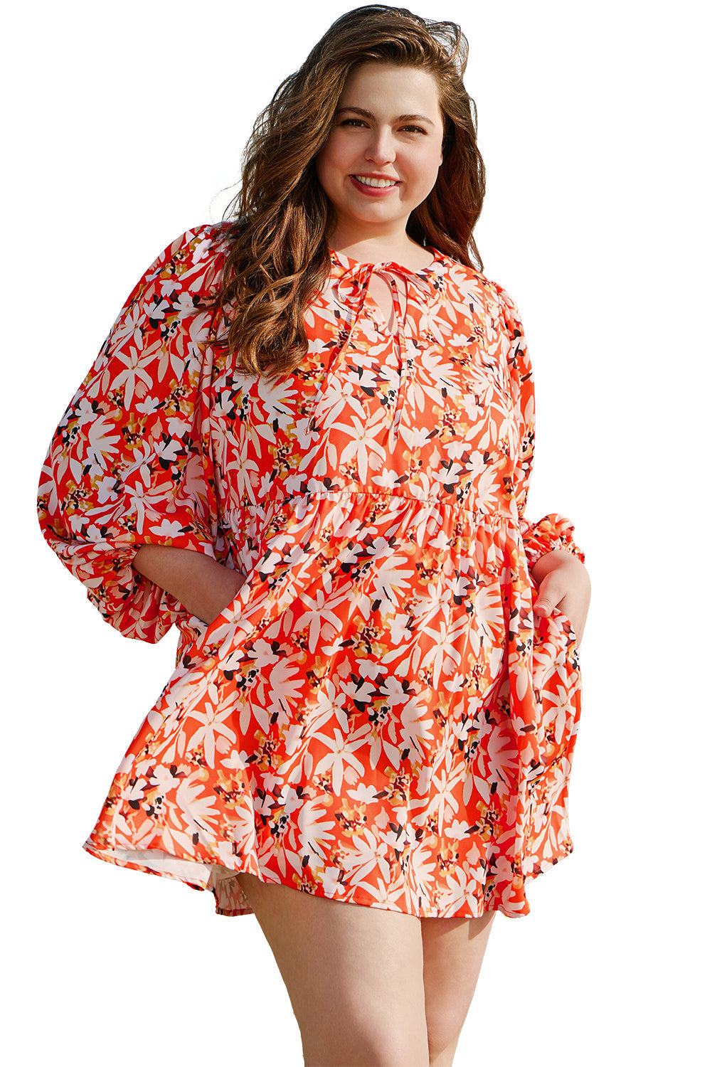 Floral Print Split V Neck Plus Size Dress