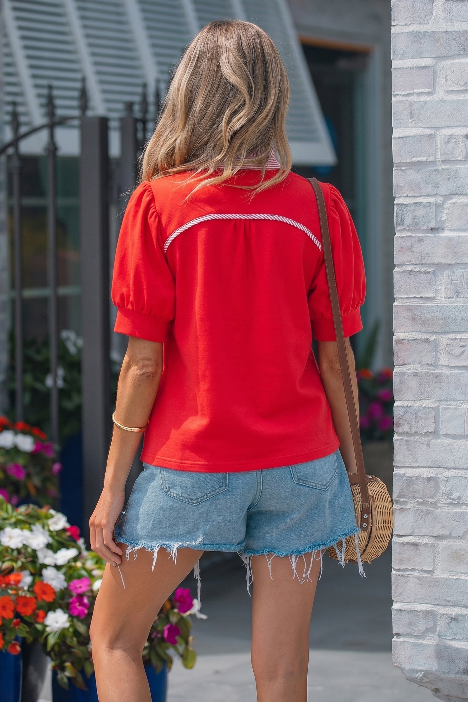 Striped Short-Sleeved Frilled Collar Blouse in Fiery Red