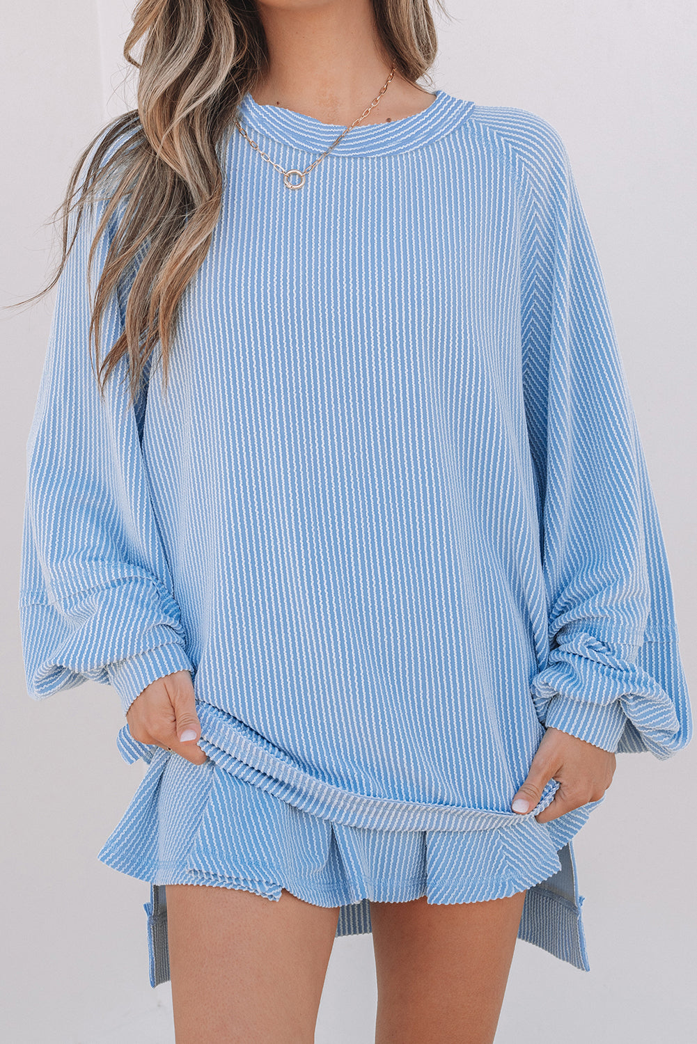 Sleeve Corded Lantern Top High-Waisted Ruffled Mini Skort Set in Sky Blue